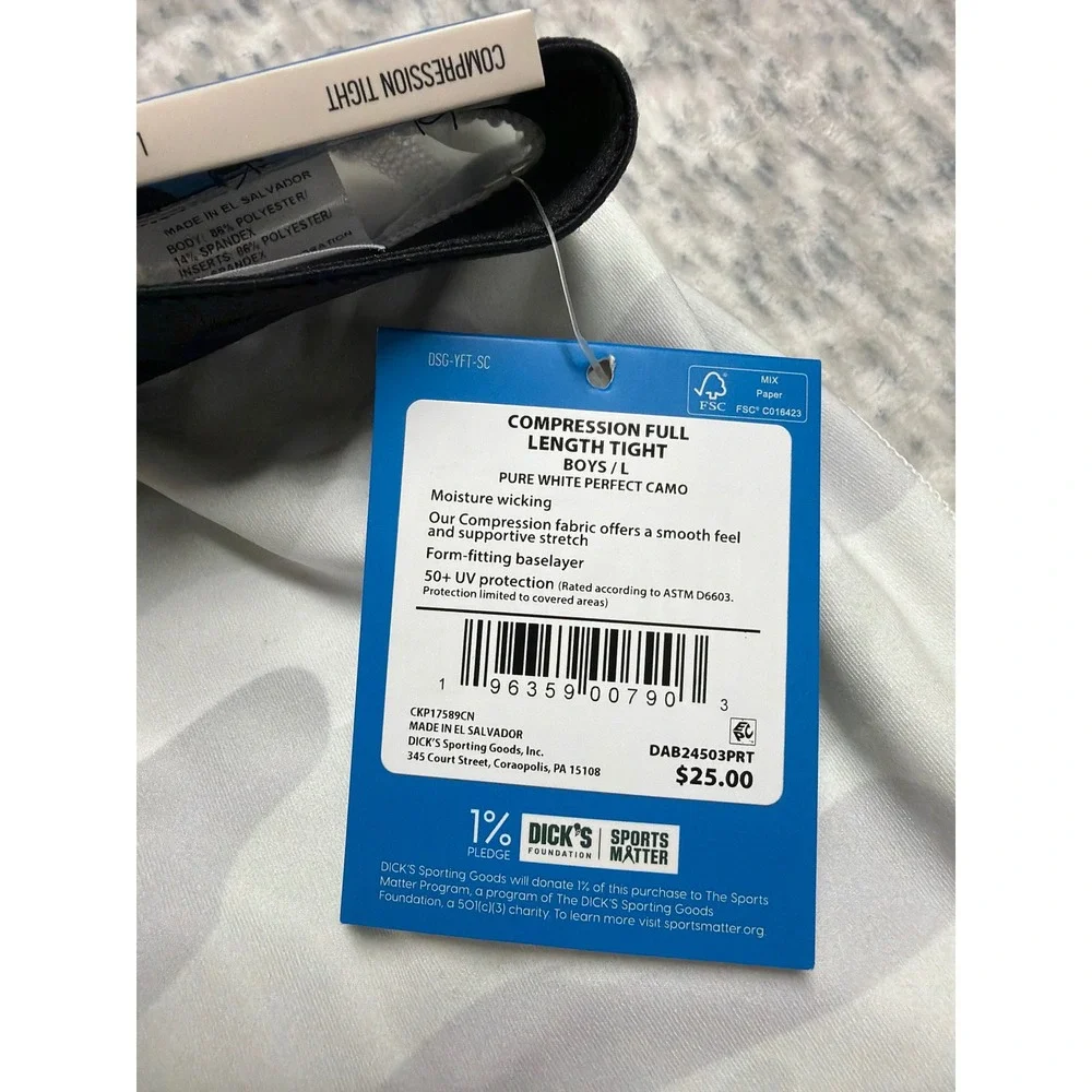 DSG Boys Compression Full Length Tight Pure White Perfect‎ Camo L 14-16 NWT